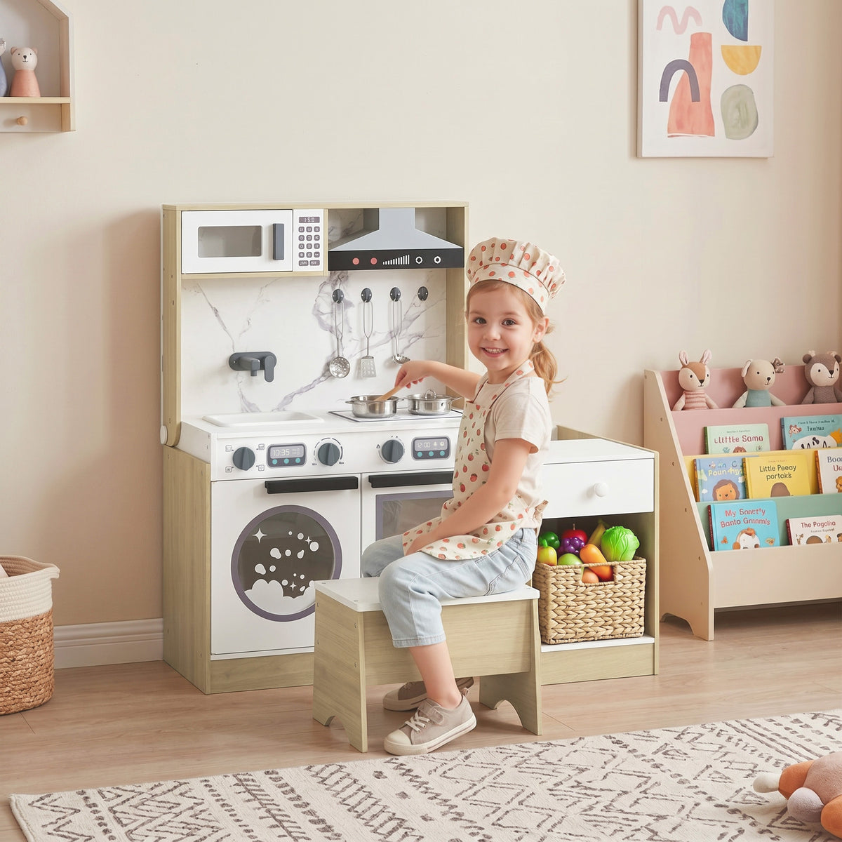 Kids Kitchen Playset, 2-in-1 Convertible Table and Chair Set with Sink, Oven, Microwave, Accessories for 3-8-Toys & Games > Baby & Toddler Toys > Toy Playsets > Play Kitchen-DECOROLALA
