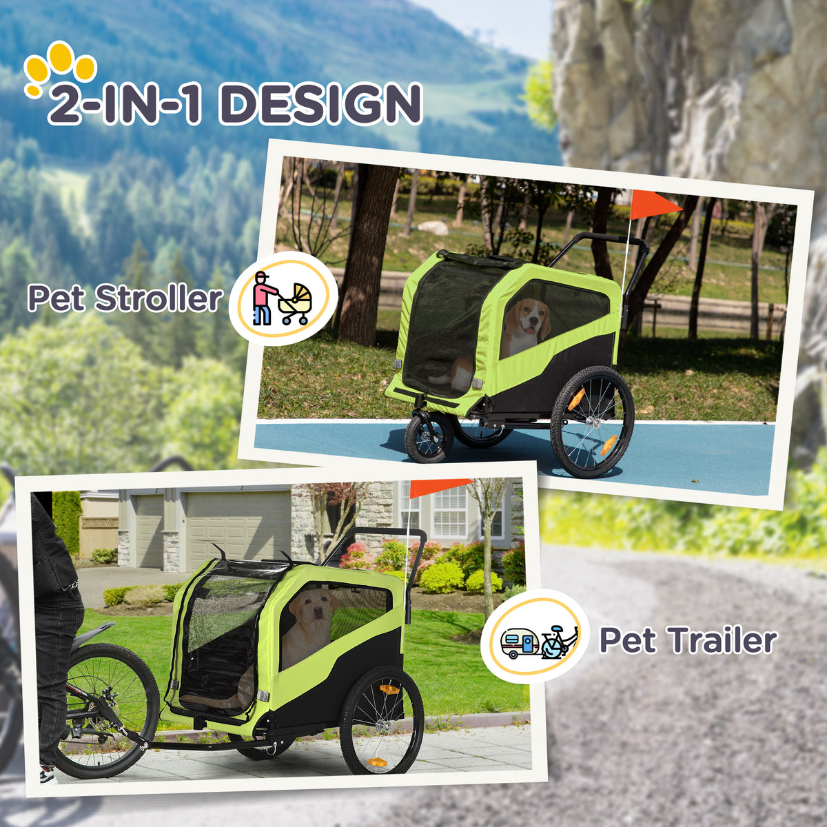 2-in-1 Dog Bike Trailer & Stroller for Large Dogs - Green-Dogs-DECOROLALA