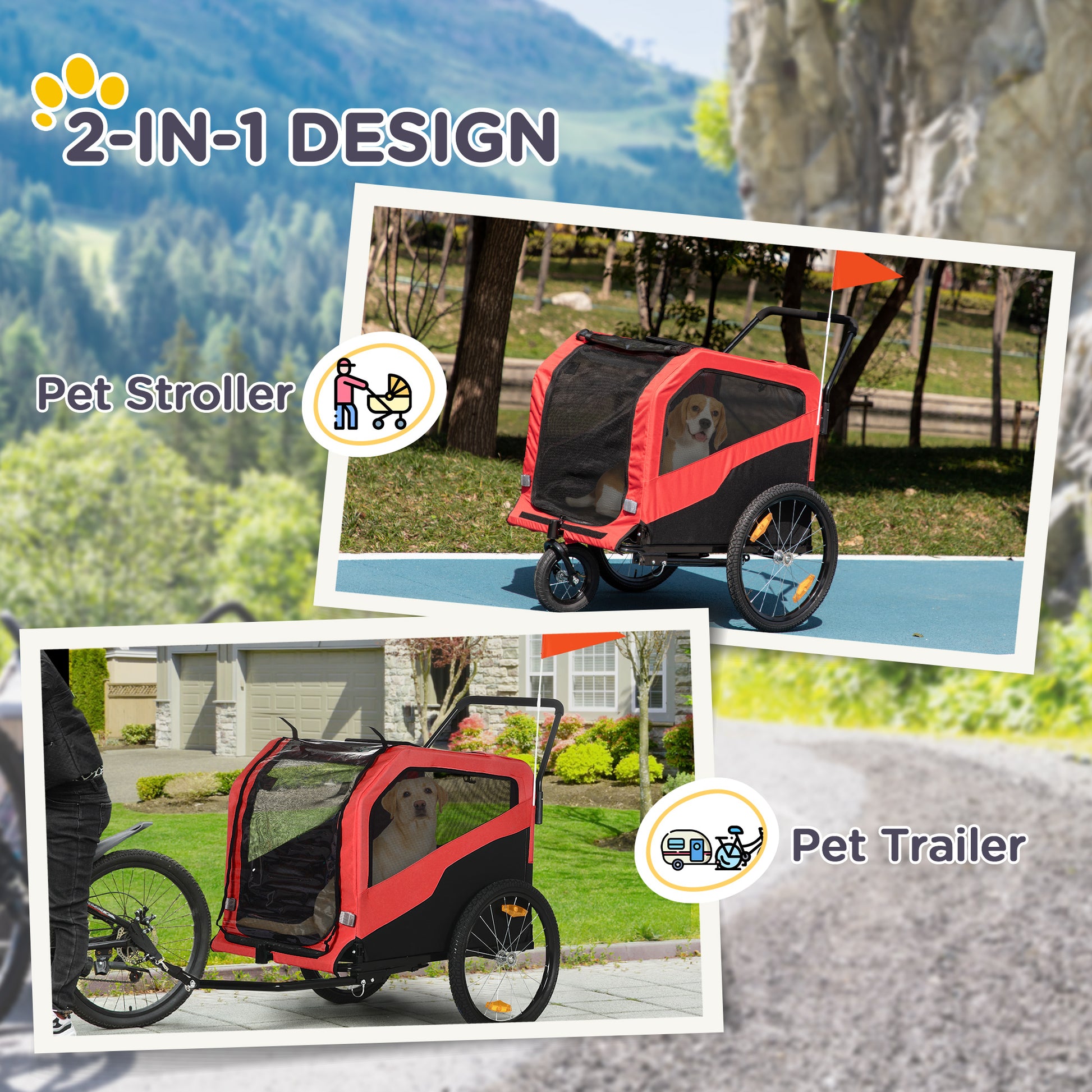 2-in-1 Dog Bike Trailer & Stroller for Large Dogs - Red-DECOROLALA