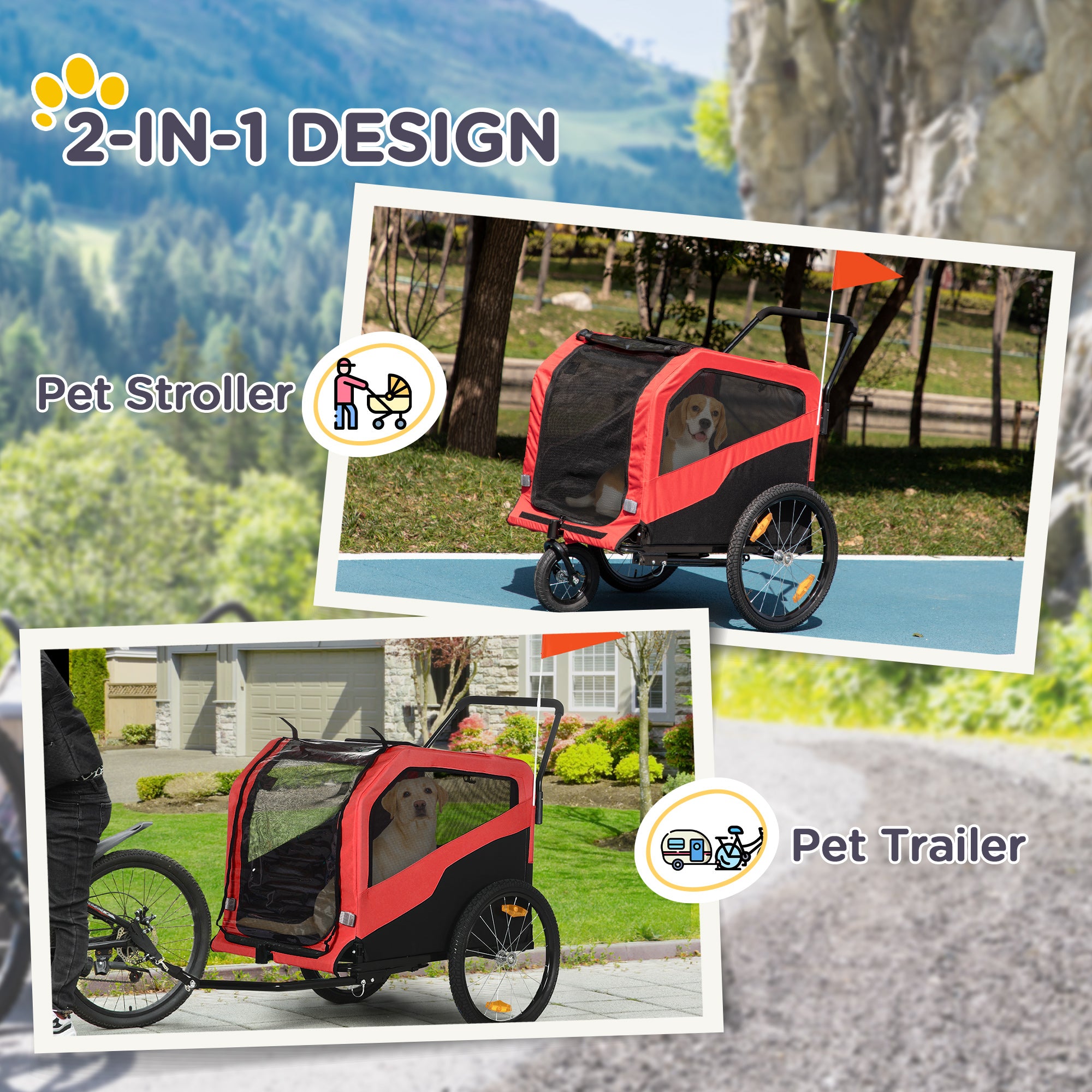 2-in-1 Dog Bike Trailer & Stroller for Large Dogs - Red-DECOROLALA