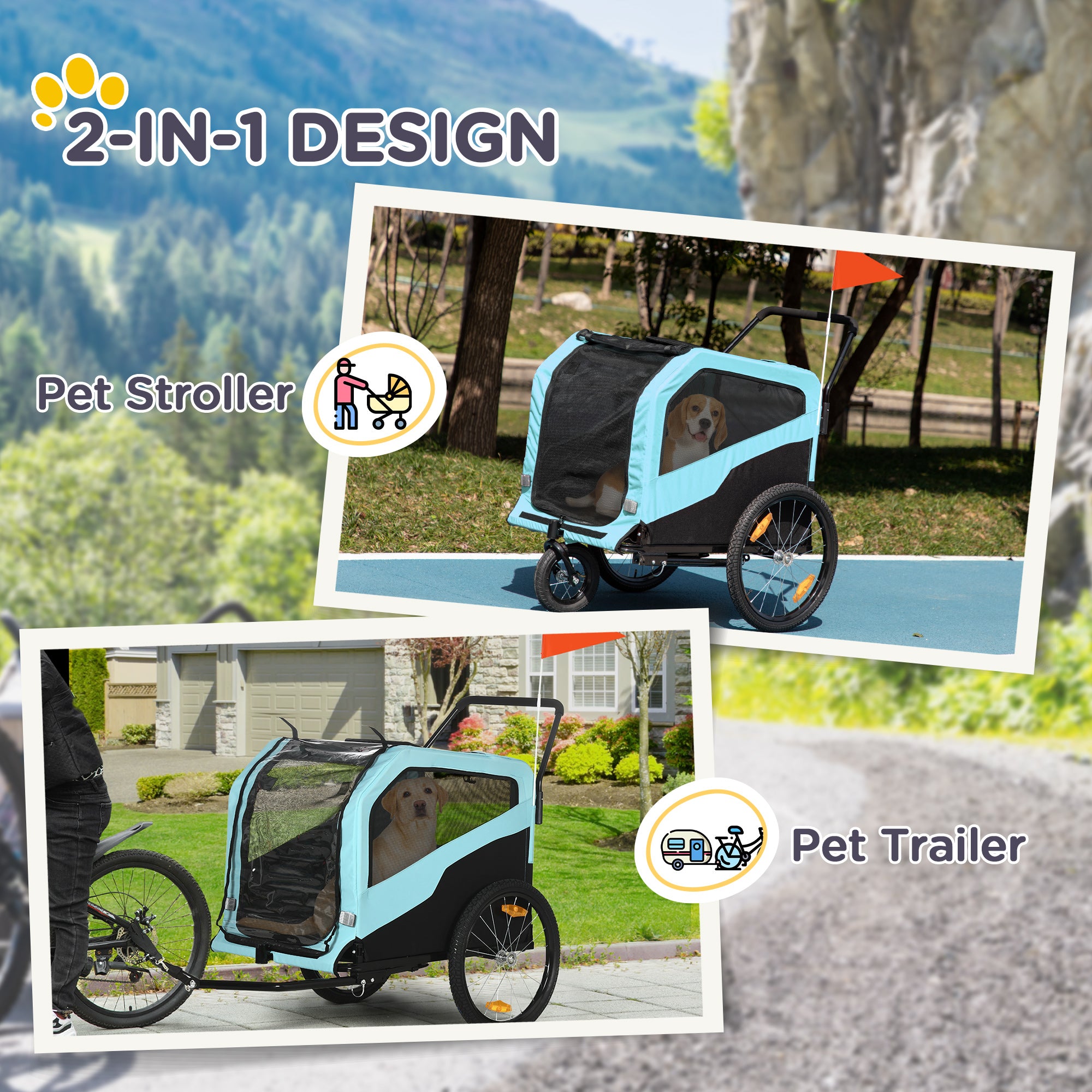 2-in-1 Dog Bike Trailer and Pet Stroller - Light Blue-DECOROLALA