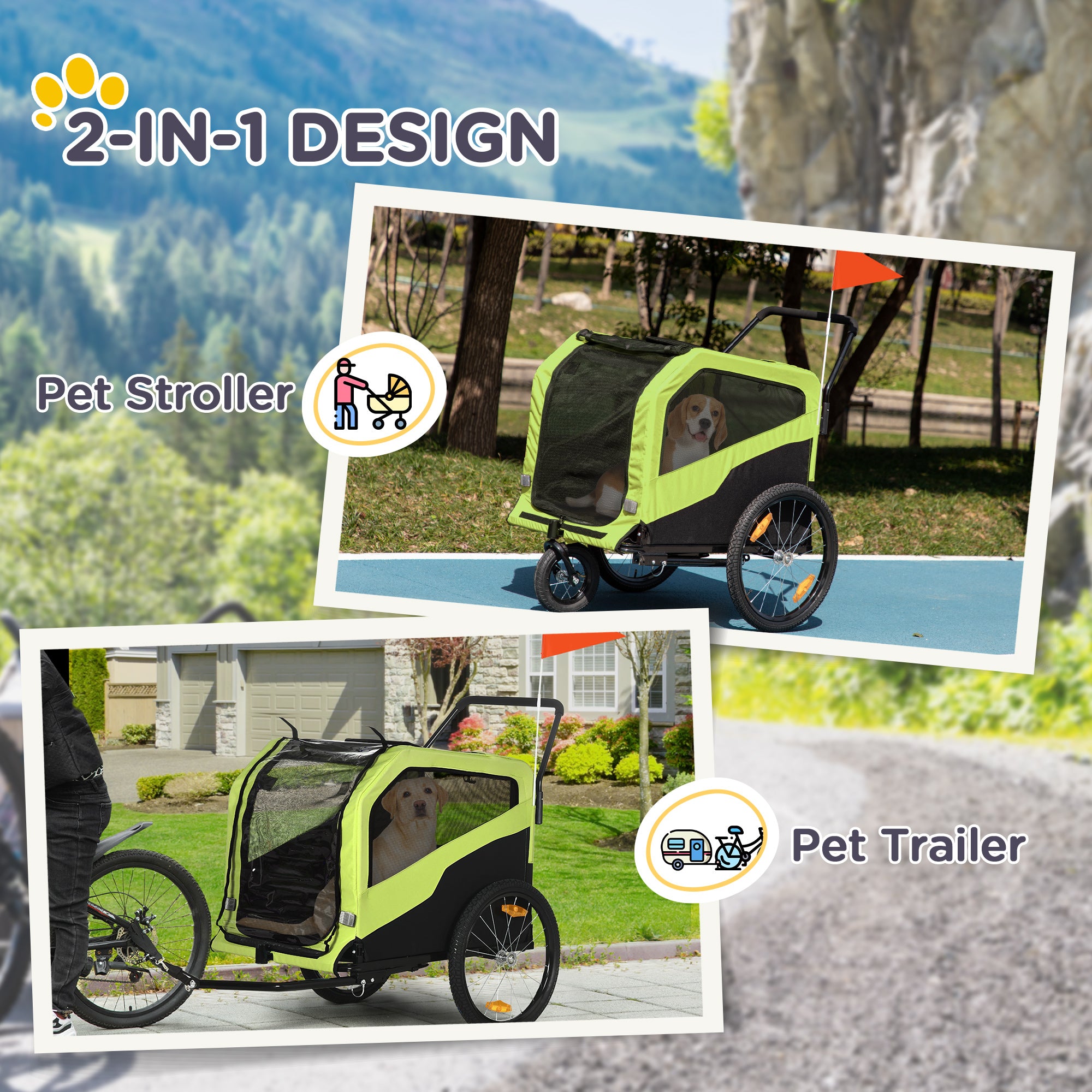 2-in-1 Dog Bike Trailer and Stroller for Large Dogs, Green-DECOROLALA