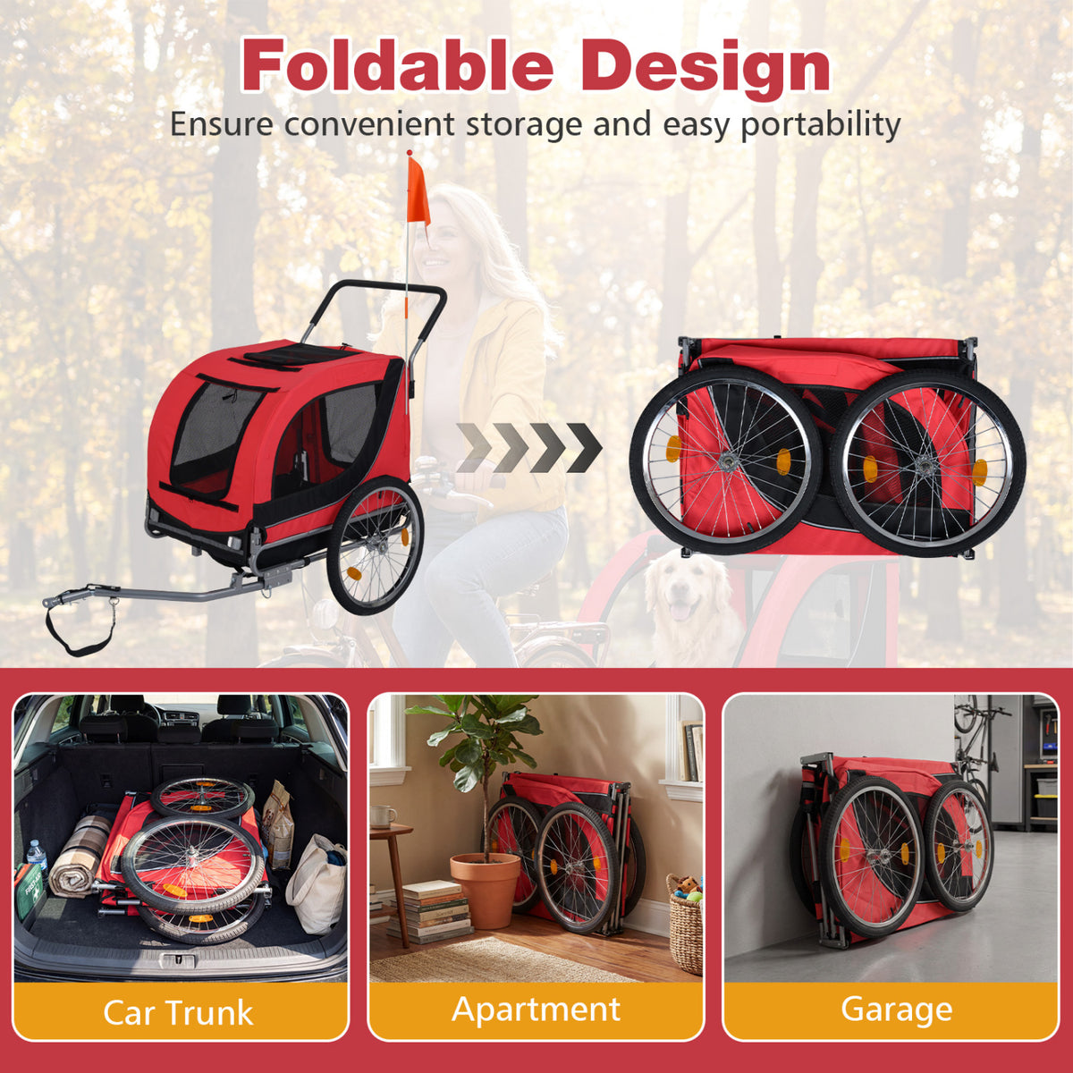 2-in-1 Dog Bike Trailer with Universal Bicycle Coupler-Red-Dog Supplies-DECOROLALA