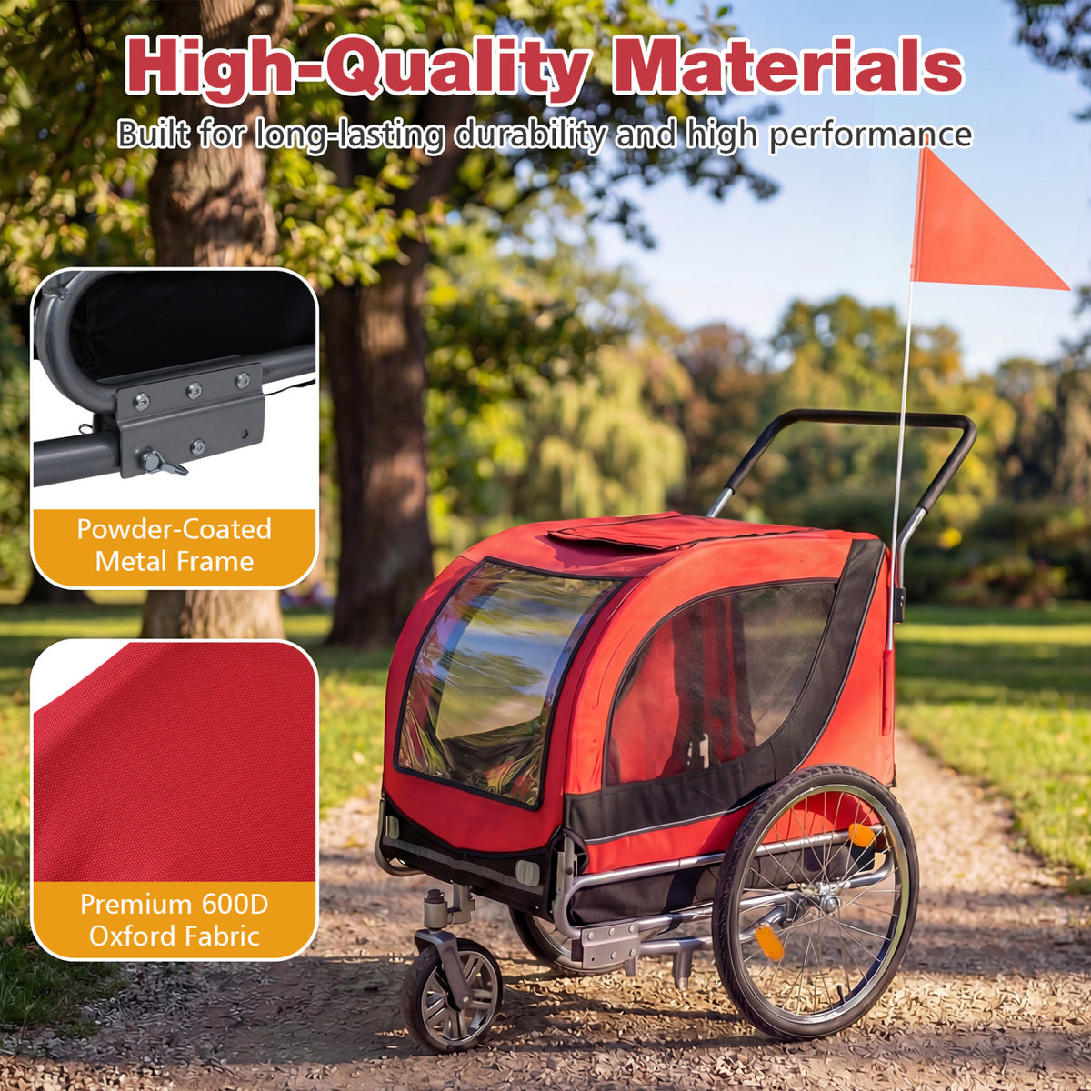 2-in-1 Dog Bike Trailer with Universal Bicycle Coupler-Red-Dog Supplies-DECOROLALA