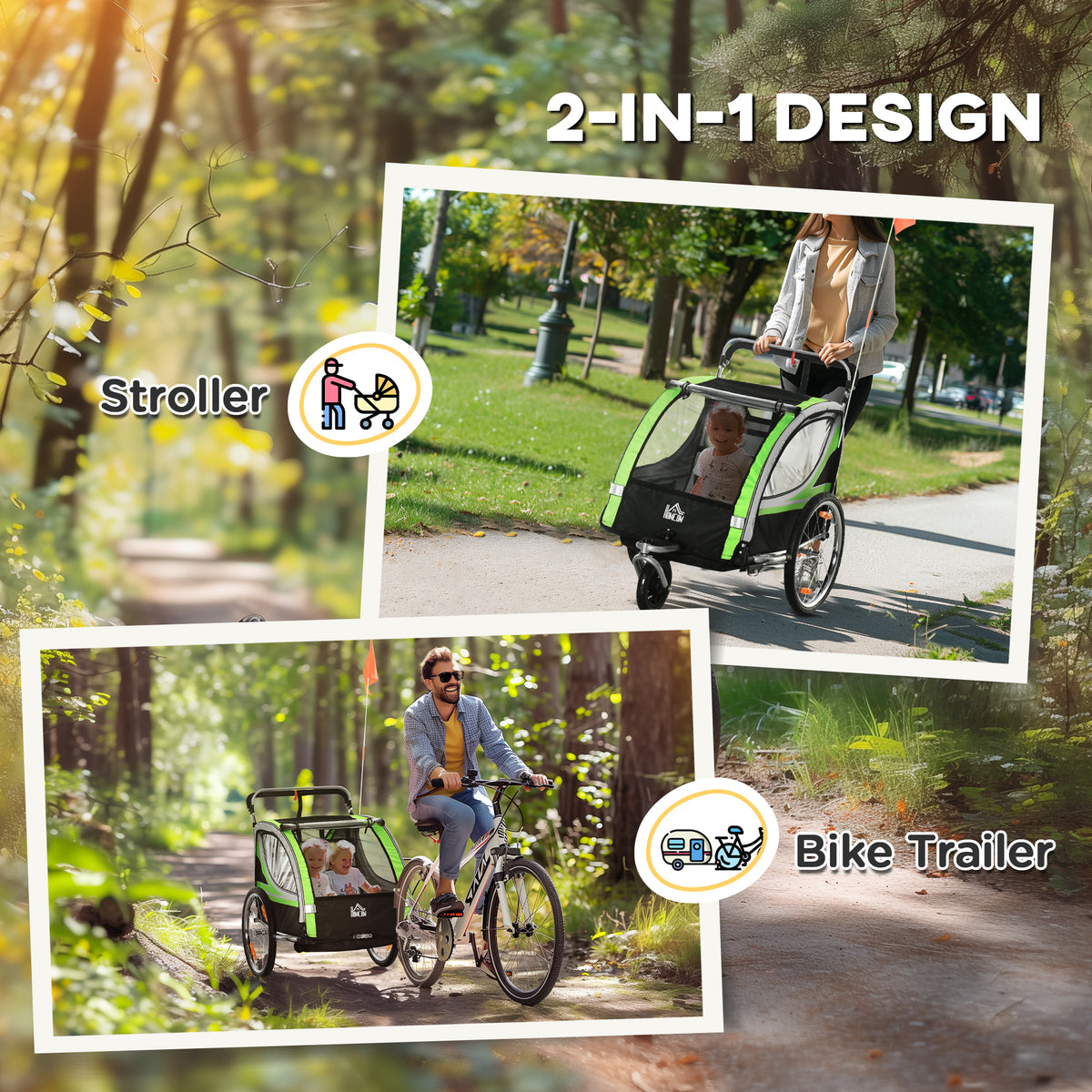 2-in-1 Double Bike Trailer and Stroller - Green-Child Bicycle Trailers-DECOROLALA