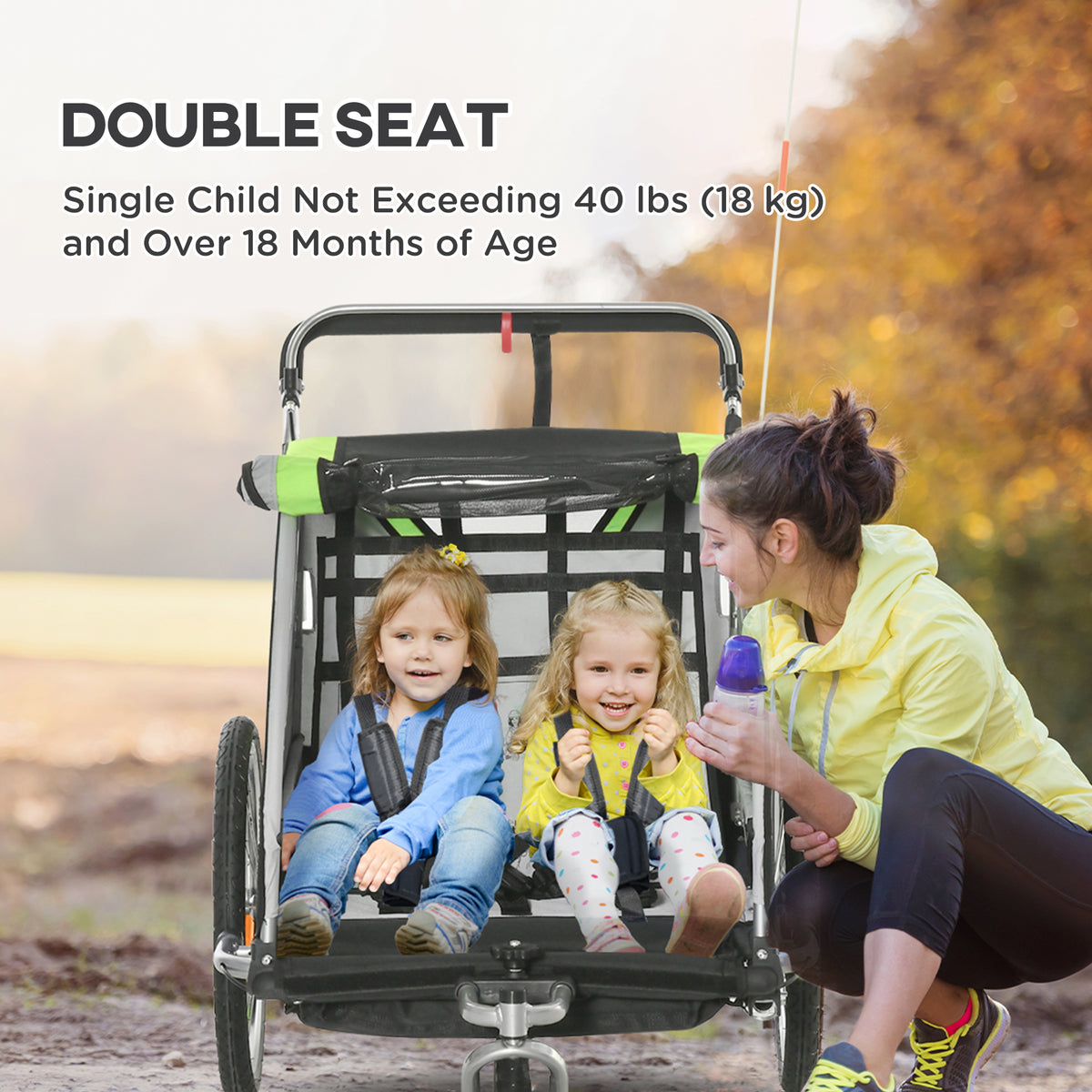2-in-1 Double Bike Trailer and Stroller - Green-Child Bicycle Trailers-DECOROLALA