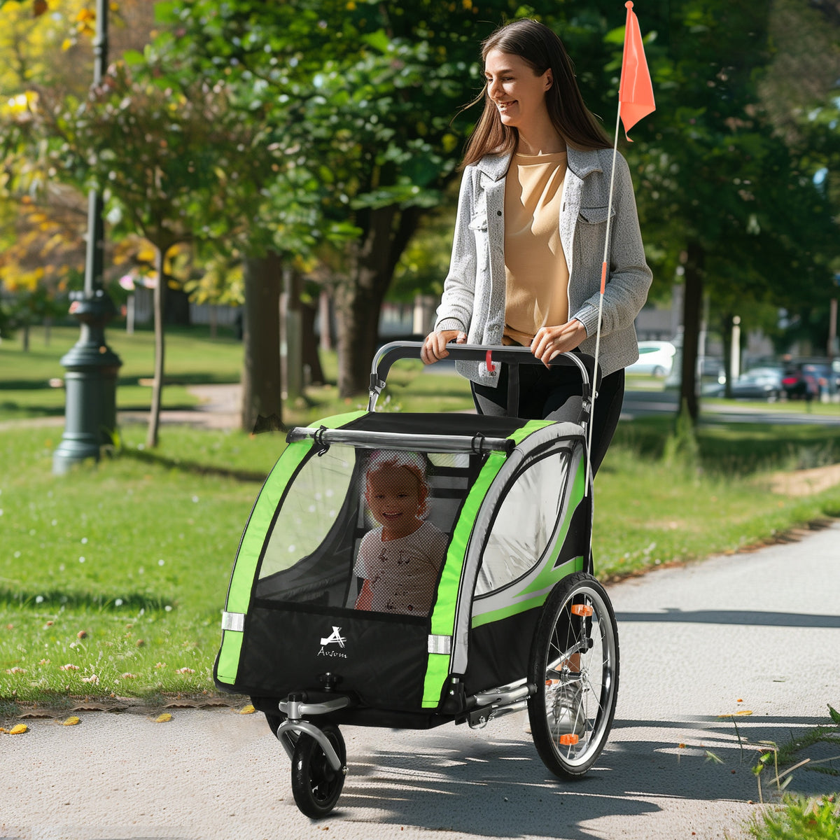 2-in-1 Double Bike Trailer and Stroller - Green-Child Bicycle Trailers-DECOROLALA