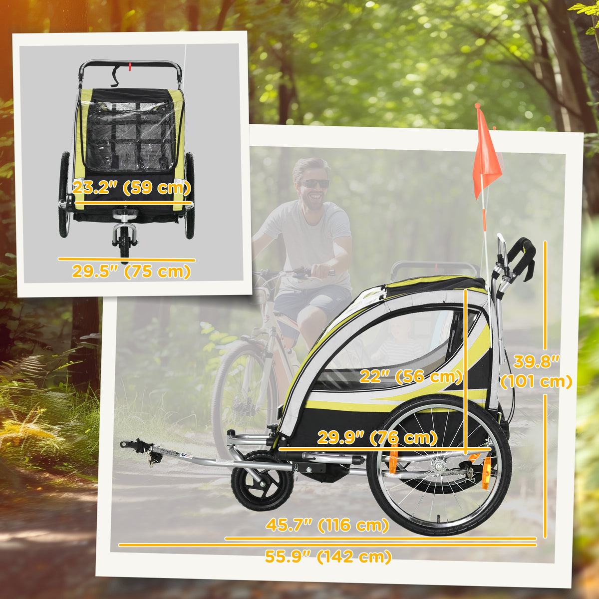 2-in-1 Double Bike Trailer and Stroller - Yellow-Child Bicycle Trailers-DECOROLALA