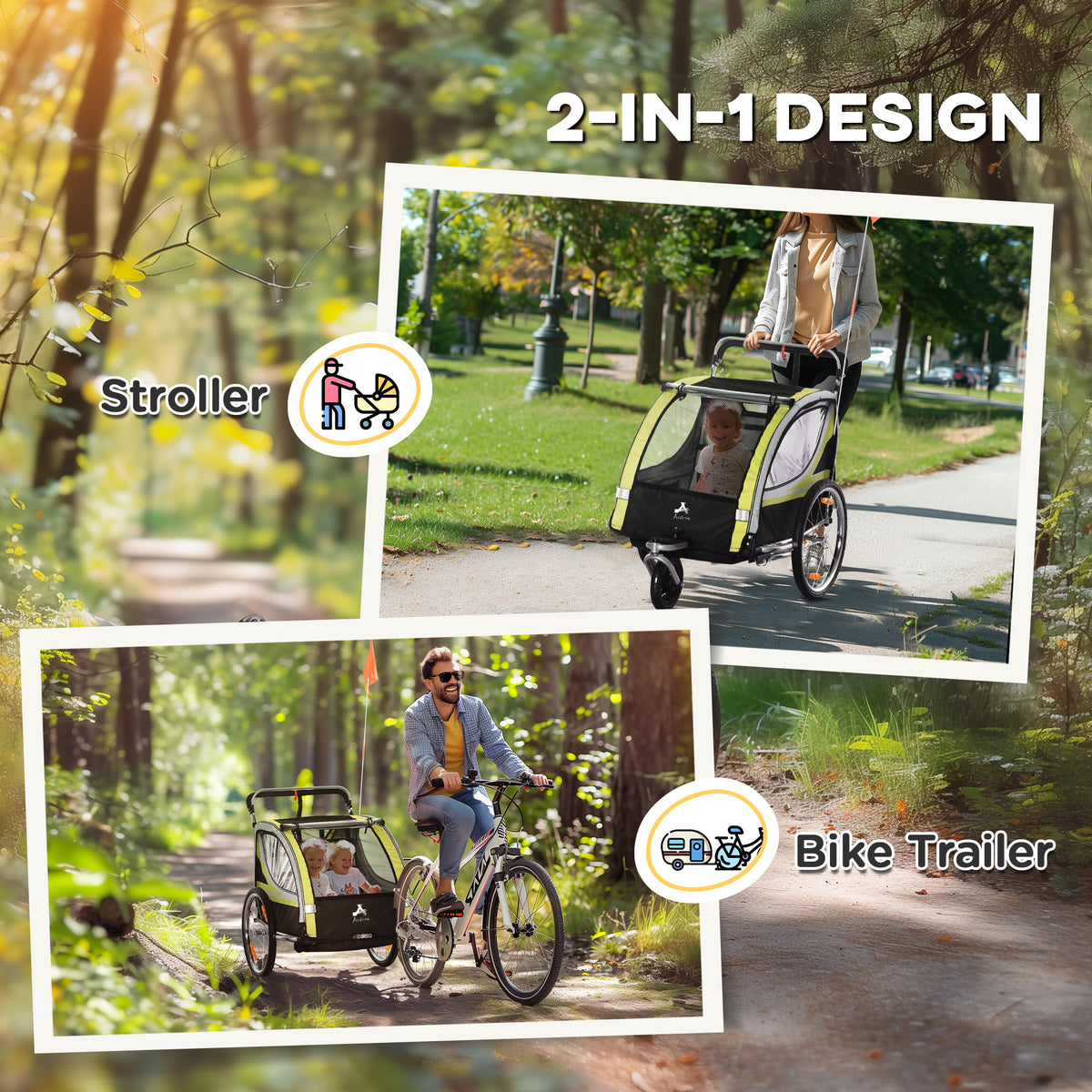 2-in-1 Double Bike Trailer and Stroller - Yellow-Child Bicycle Trailers-DECOROLALA