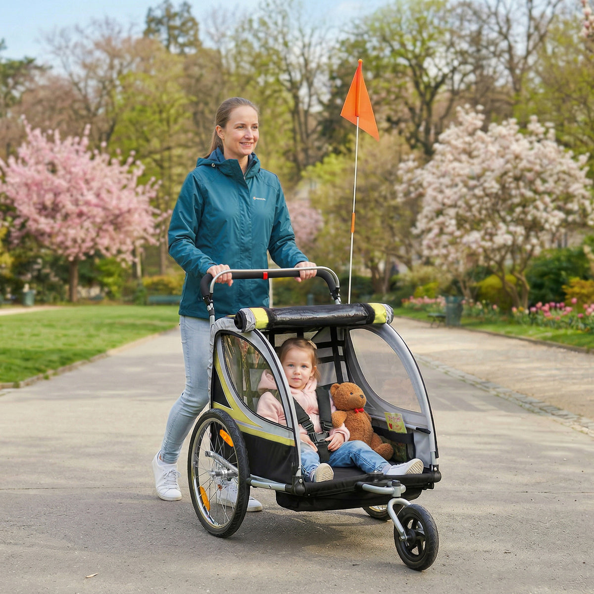 2-in-1 Double Bike Trailer and Stroller - Yellow-Child Bicycle Trailers-DECOROLALA
