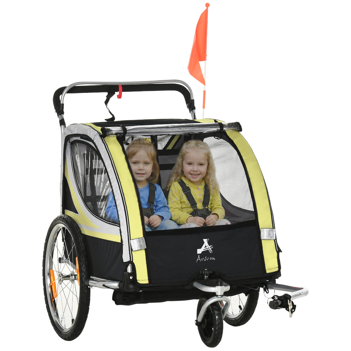 2-in-1 Double Bike Trailer and Stroller - Yellow-Child Bicycle Trailers-DECOROLALA