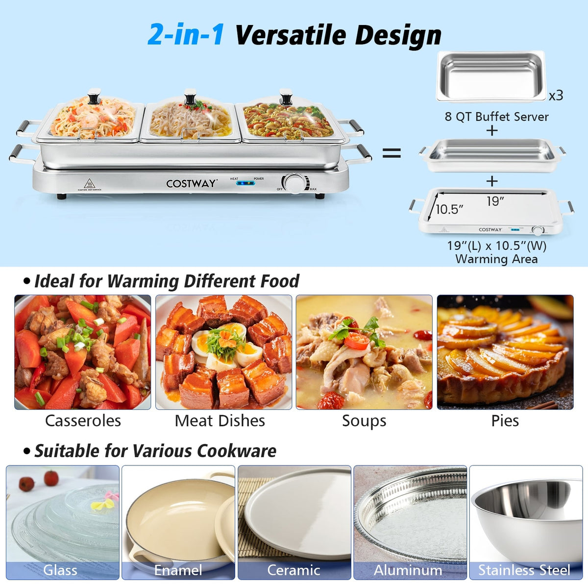 2 in 1 Electric Warming Tray with Temperature Control-Food Warmers & Burners-DECOROLALA