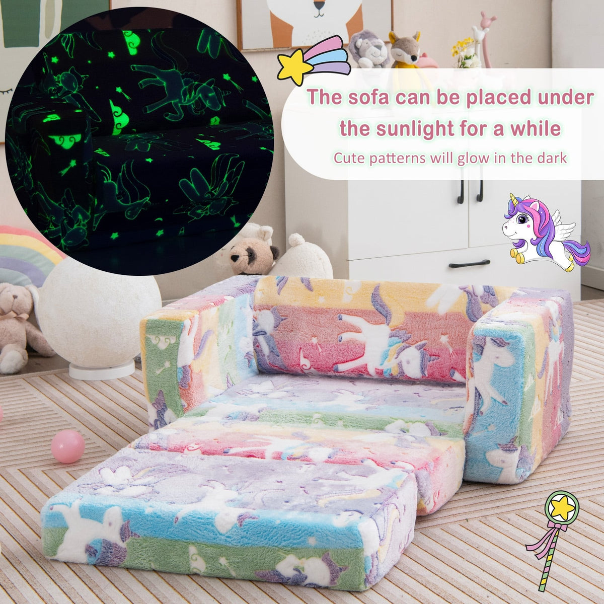 2-in-1 Flip Out Kids Sofa Chair with Detachable Flannel Fabric Cover and Glowing Patterns-Color-Kids Chairs-DECOROLALA