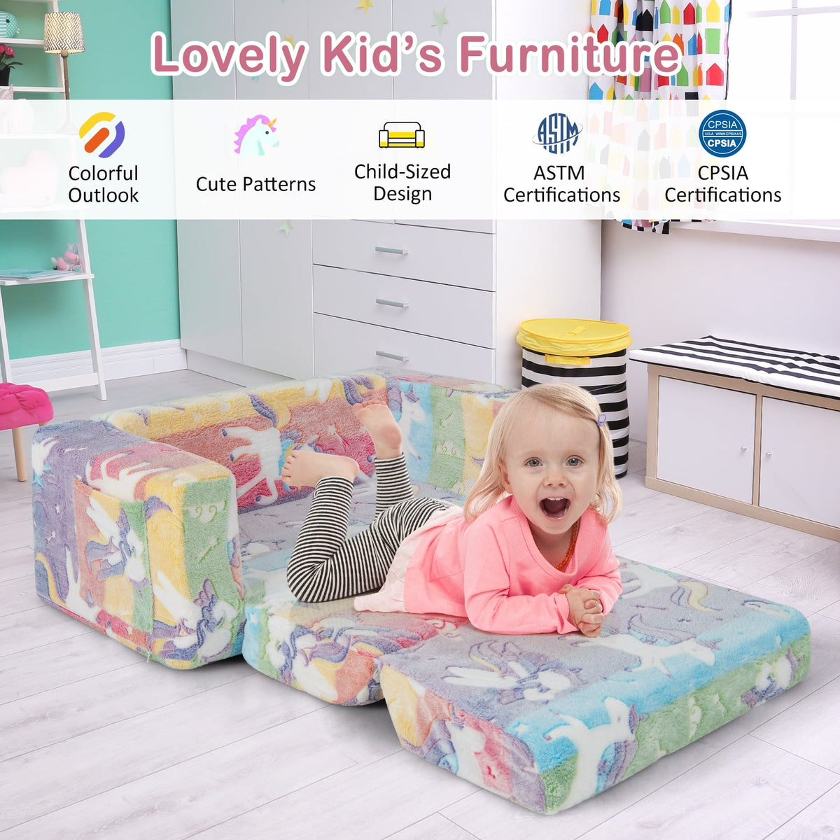 2-in-1 Flip Out Kids Sofa Chair with Detachable Flannel Fabric Cover and Glowing Patterns-Color-Kids Chairs-DECOROLALA