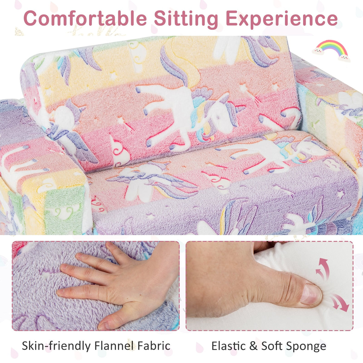 2-in-1 Flip Out Kids Sofa Chair with Detachable Flannel Fabric Cover and Glowing Patterns-Color-Kids Chairs-DECOROLALA