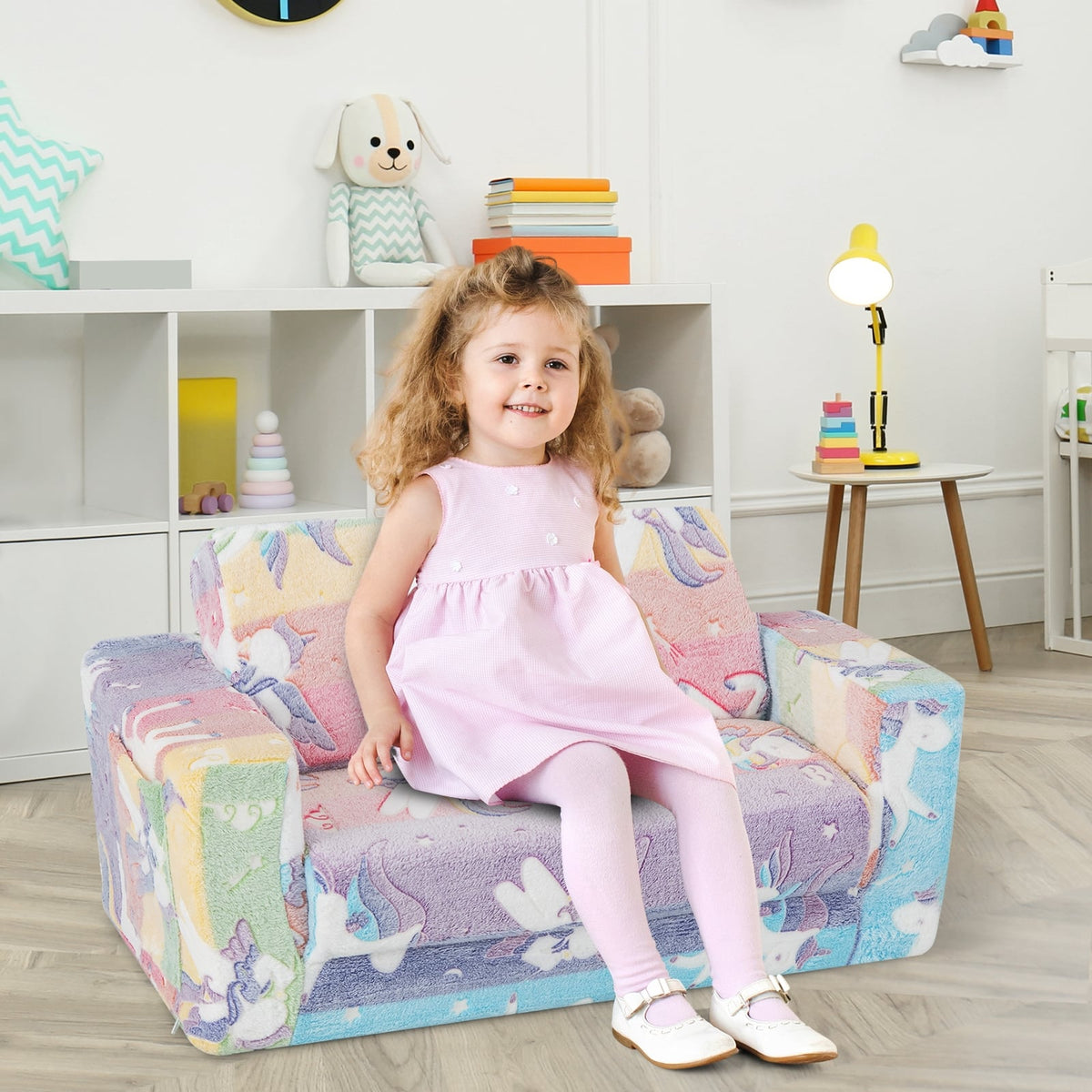 2-in-1 Flip Out Kids Sofa Chair with Detachable Flannel Fabric Cover and Glowing Patterns-Color-Kids Chairs-DECOROLALA