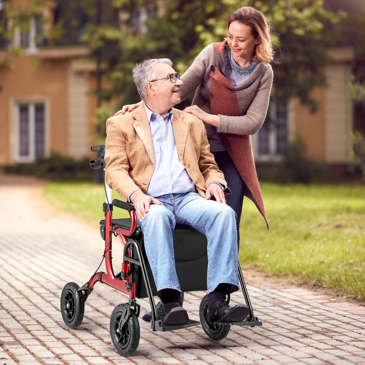 2-in-1 Foldable Rollator Walker with Seat abd 9 Inch Pneumatic Tires for Seniors-Red-Walkers & Rollators-DECOROLALA