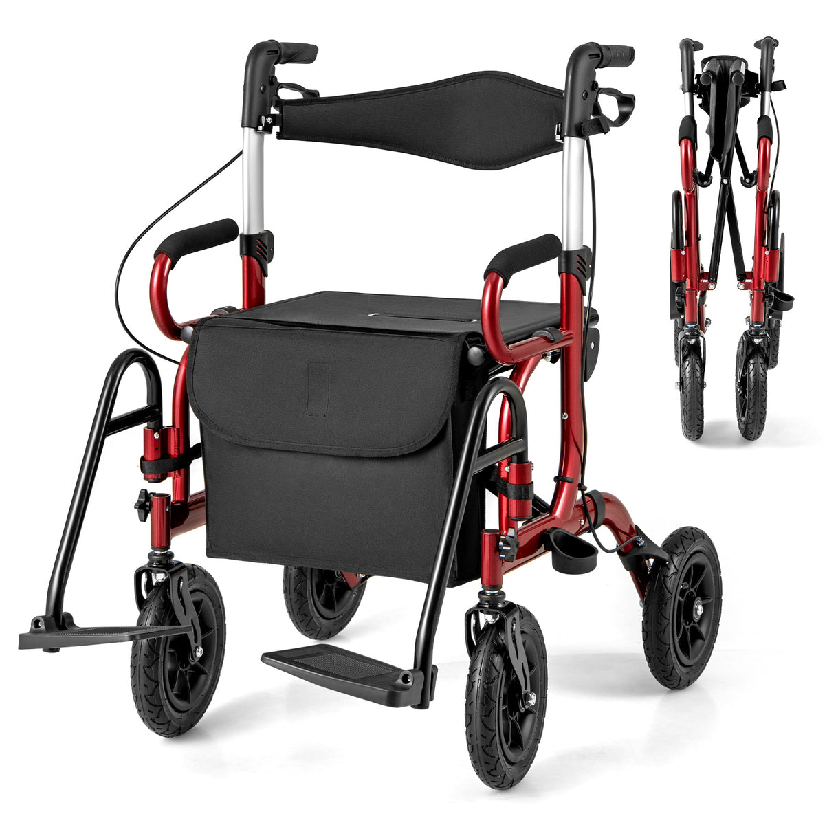 2-in-1 Foldable Rollator Walker with Seat abd 9 Inch Pneumatic Tires for Seniors-Red-Walkers & Rollators-DECOROLALA
