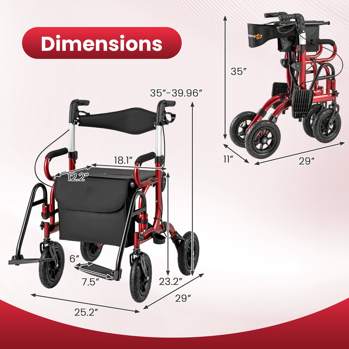 2-in-1 Foldable Rollator Walker with Seat abd 9 Inch Pneumatic Tires for Seniors-Red-Walkers & Rollators-DECOROLALA