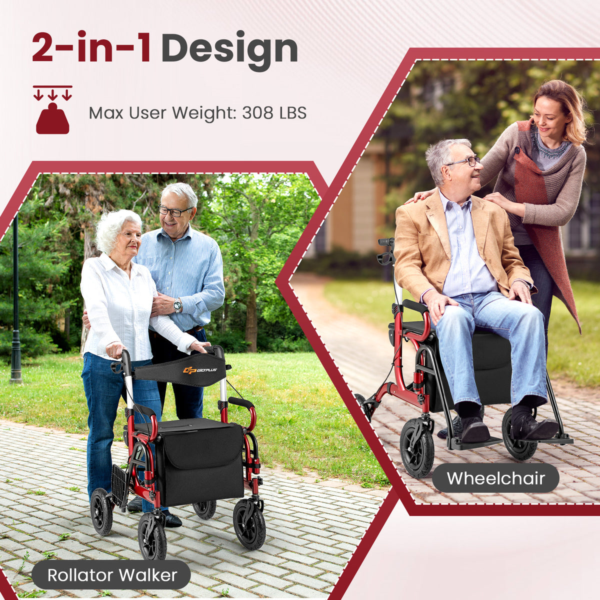 2-in-1 Foldable Rollator Walker with Seat abd 9 Inch Pneumatic Tires for Seniors-Red-Walkers & Rollators-DECOROLALA