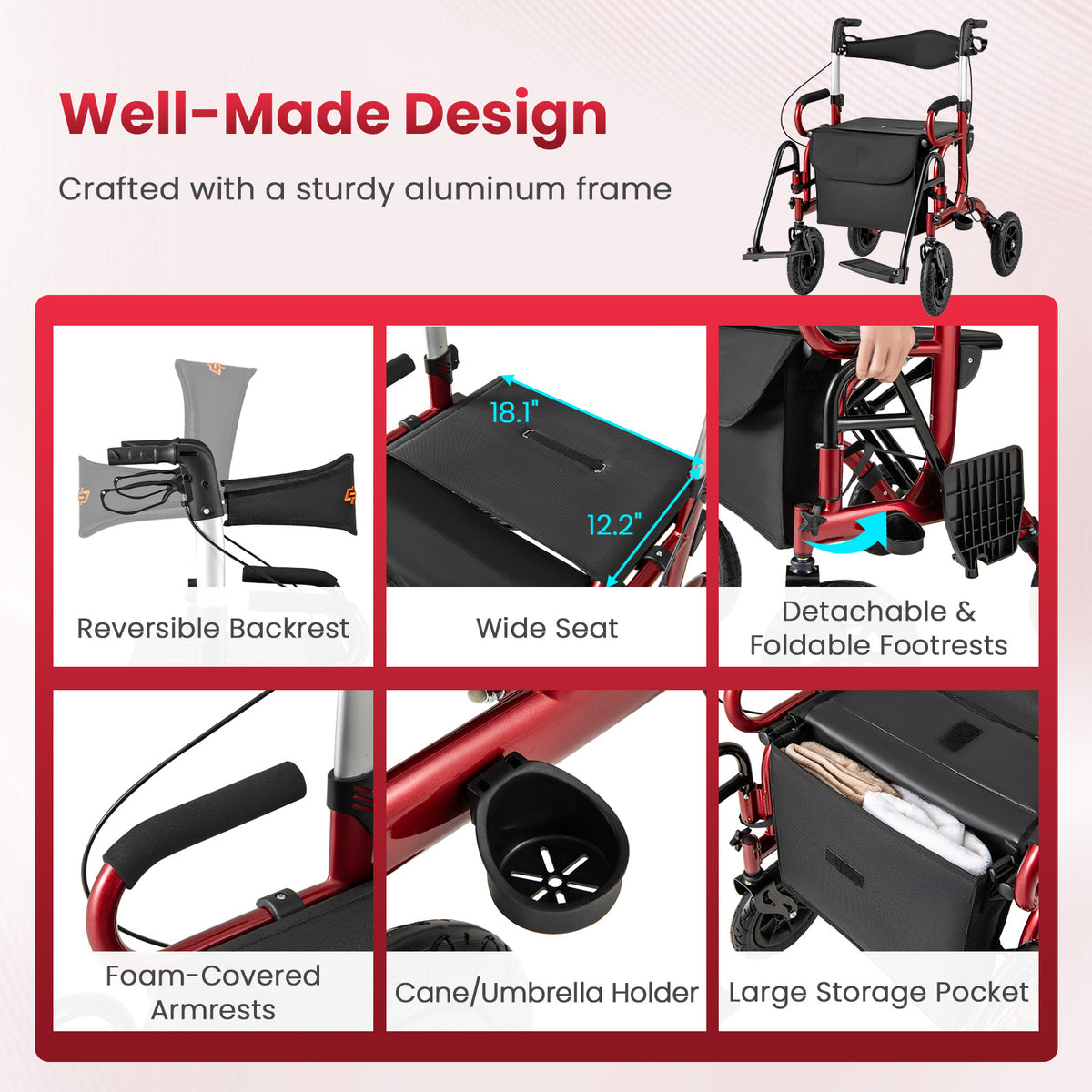 2-in-1 Foldable Rollator Walker with Seat abd 9 Inch Pneumatic Tires for Seniors-Red-Walkers & Rollators-DECOROLALA