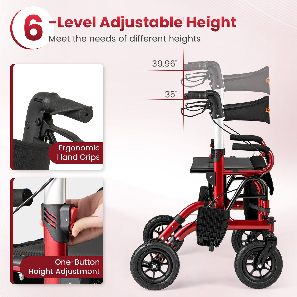 2-in-1 Foldable Rollator Walker with Seat abd 9 Inch Pneumatic Tires for Seniors-Red-Walkers & Rollators-DECOROLALA
