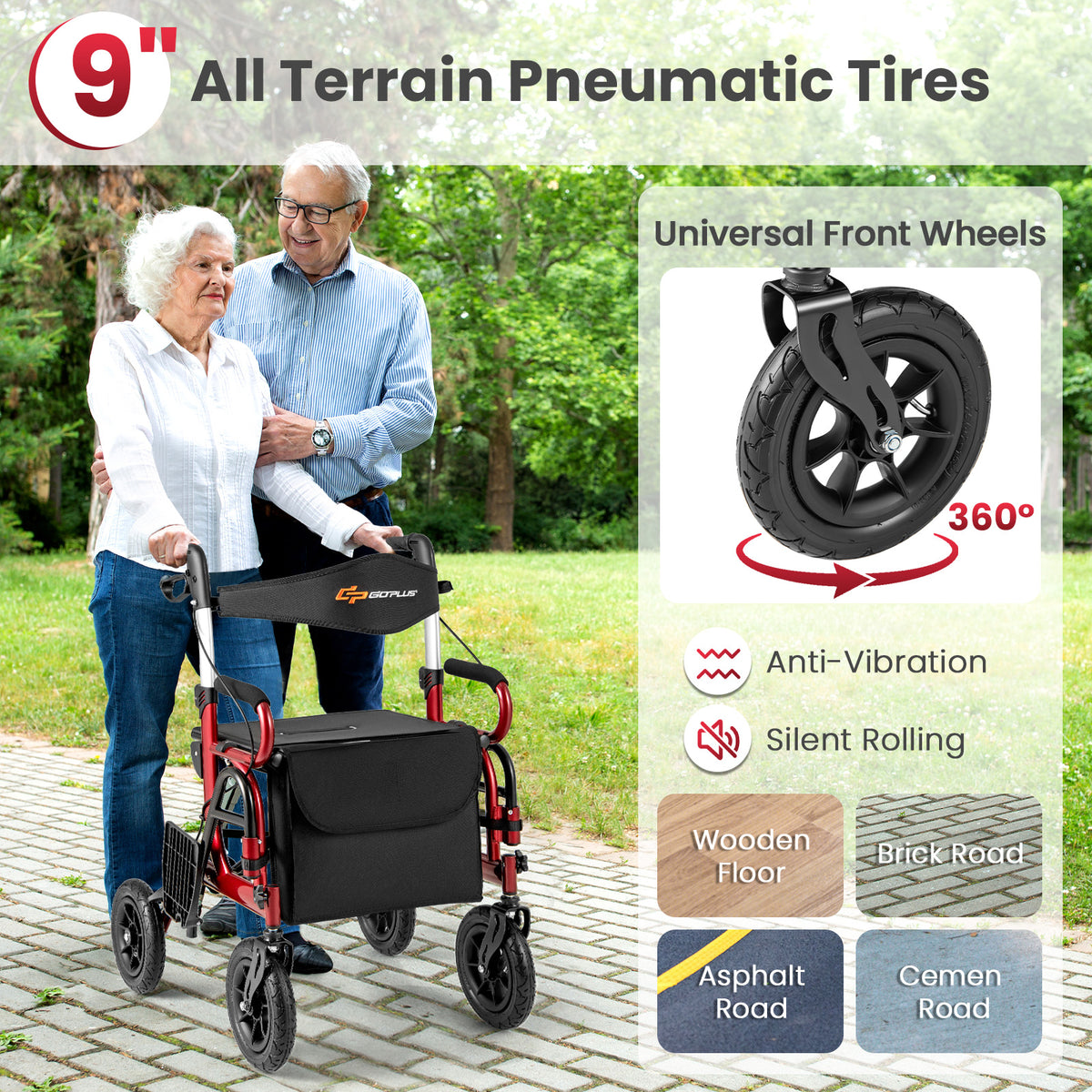 2-in-1 Foldable Rollator Walker with Seat abd 9 Inch Pneumatic Tires for Seniors-Red-Walkers & Rollators-DECOROLALA