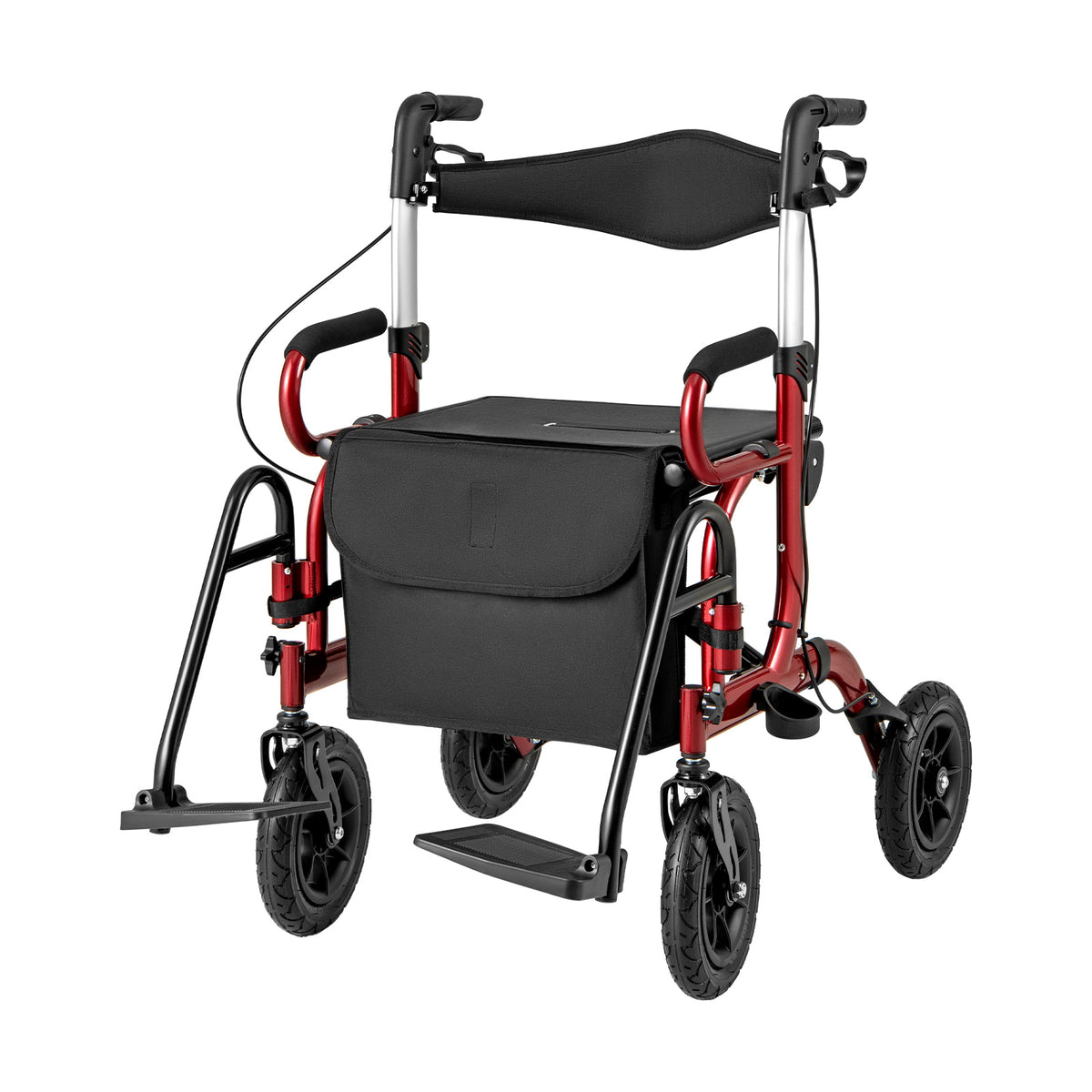 2-in-1 Foldable Rollator Walker with Seat abd 9 Inch Pneumatic Tires for Seniors-Red-Walkers & Rollators-DECOROLALA