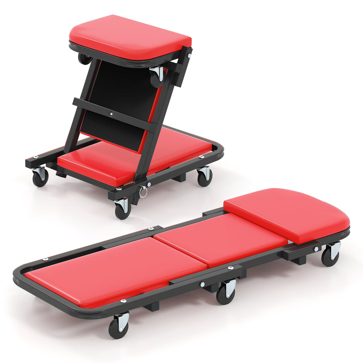 2-in-1 Folding Low Profile Mechanic Creeper with Padded Seat and 6 Wheels-Red-Garages-DECOROLALA