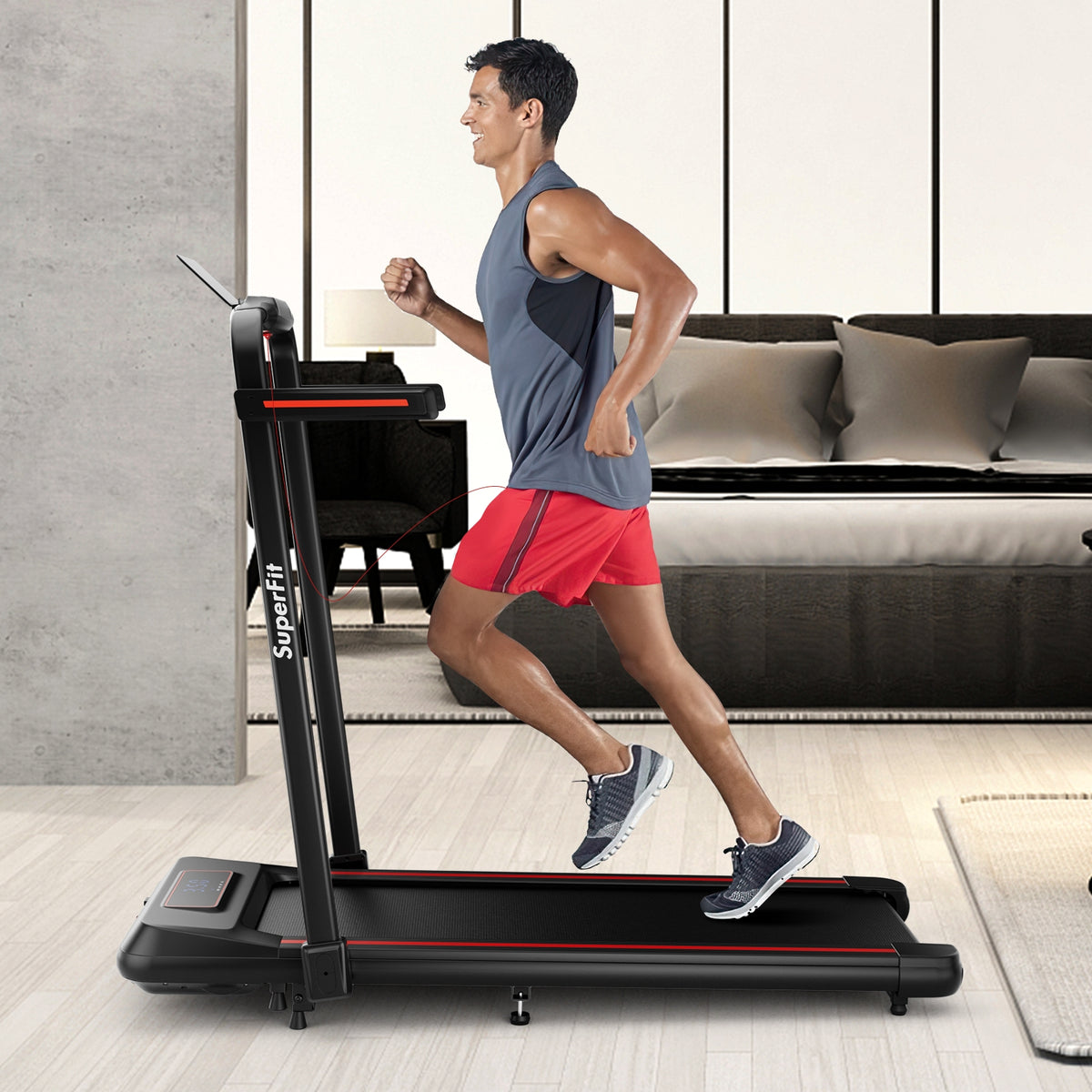 2 in 1 Folding Treadmill with Incline with Remote Control-Red-Treadmills-DECOROLALA