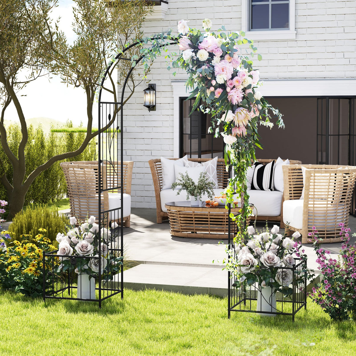 2 in 1 Garden Arbor with 2 Side Planters and 8 Ground Stakes-Black-Garden Arbors-DECOROLALA
