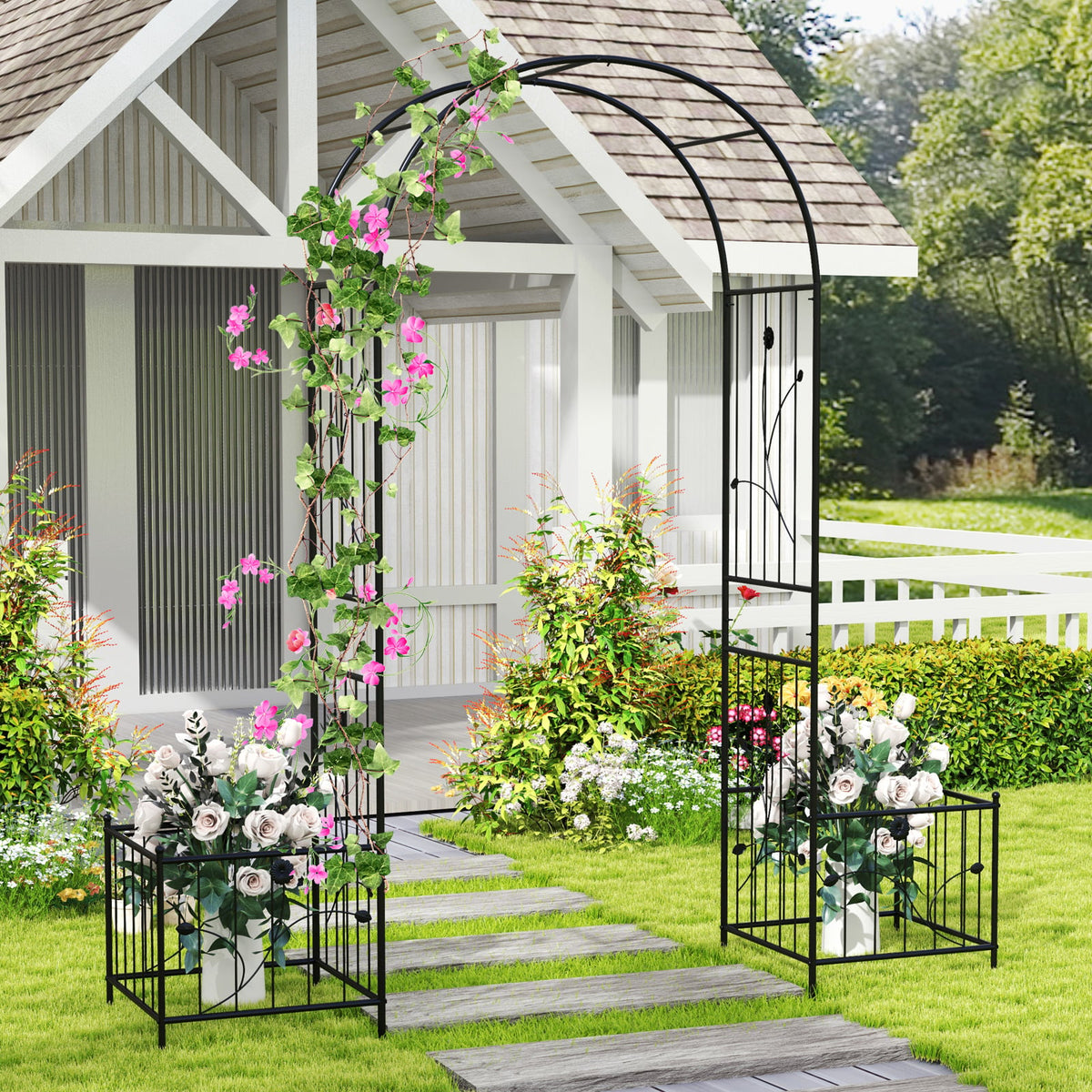 2 in 1 Garden Arbor with 2 Side Planters and 8 Ground Stakes-Black-Garden Arbors-DECOROLALA
