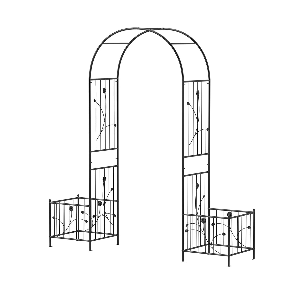2 in 1 Garden Arbor with 2 Side Planters and 8 Ground Stakes-Black-Garden Arbors-DECOROLALA
