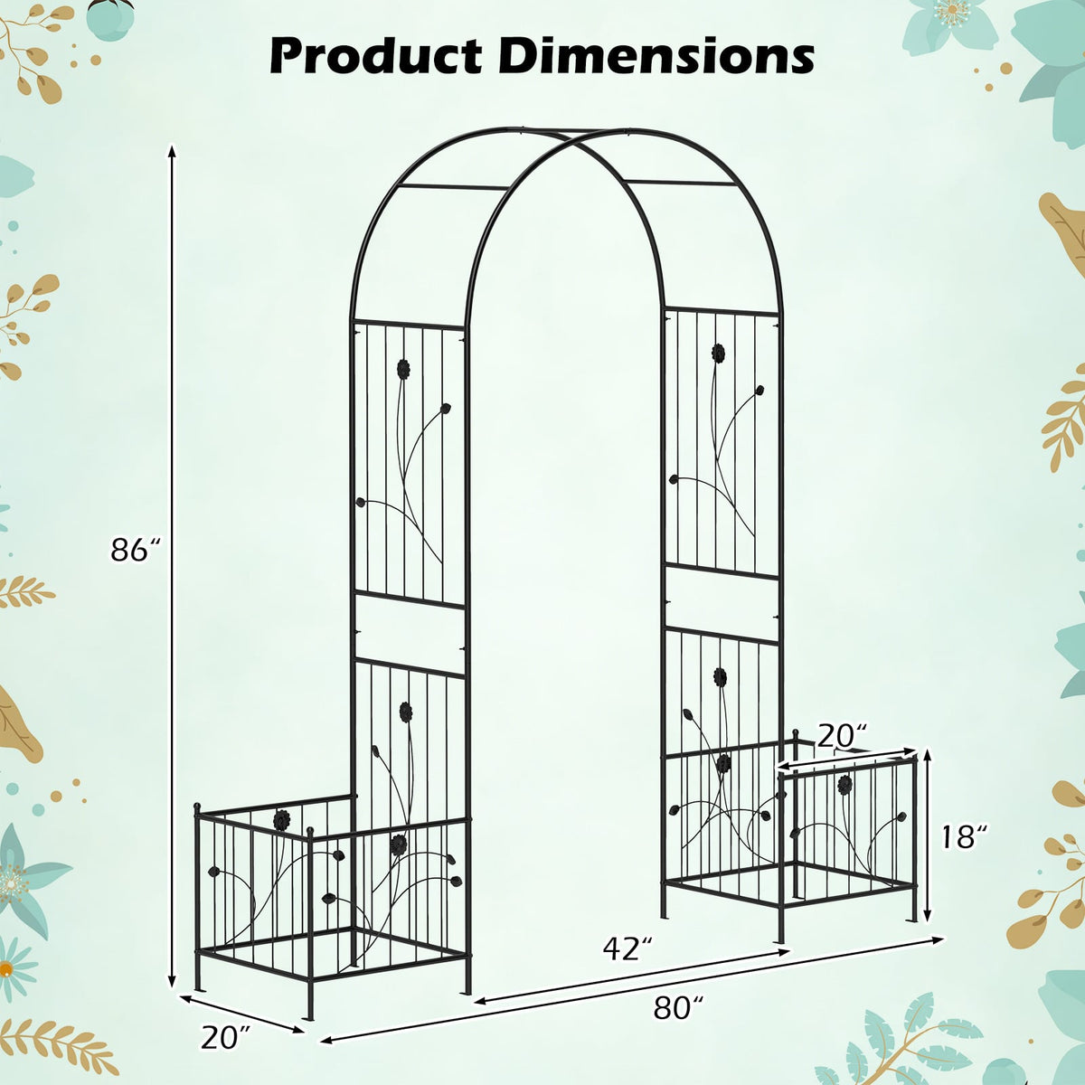 2 in 1 Garden Arbor with 2 Side Planters and 8 Ground Stakes-Black-Garden Arbors-DECOROLALA