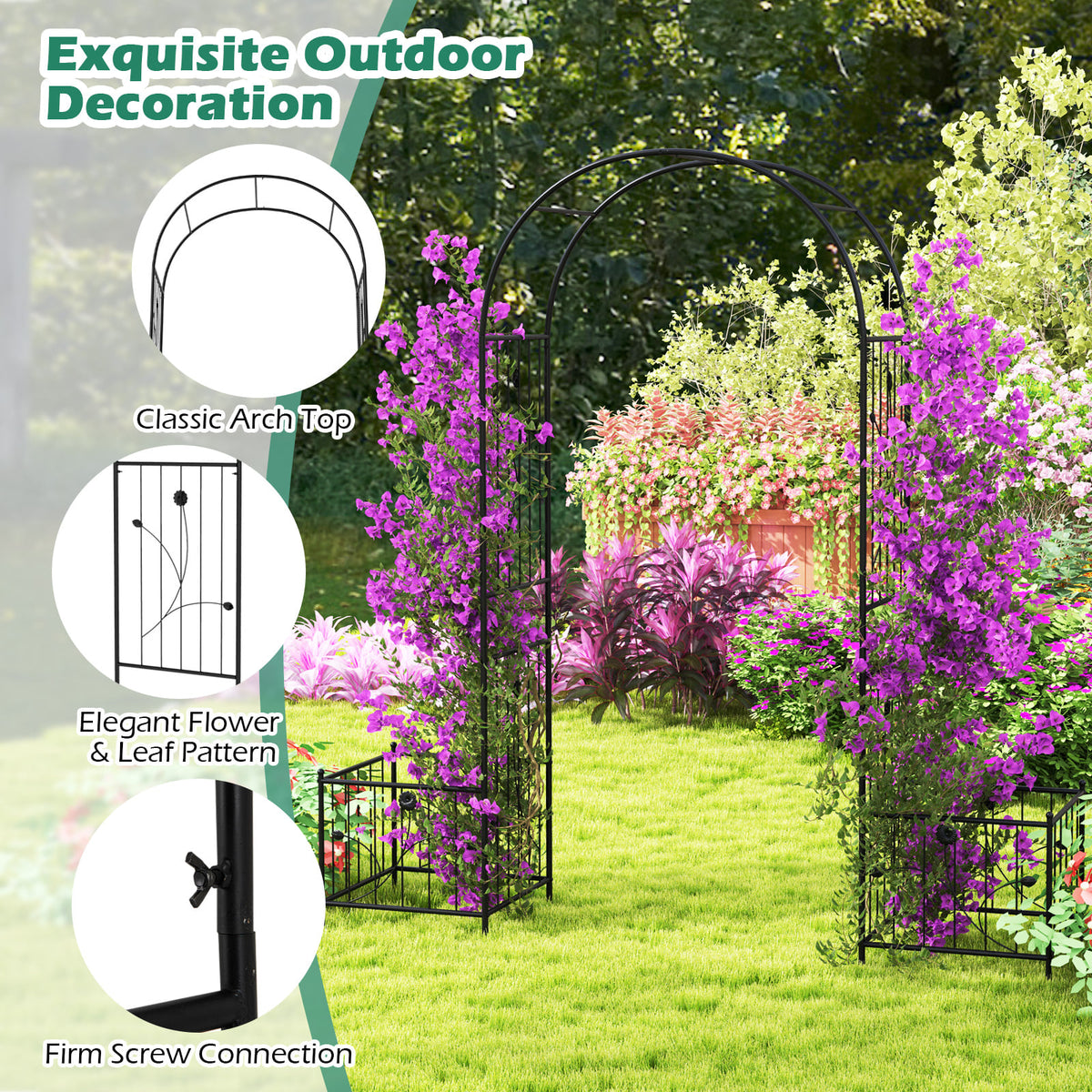 2 in 1 Garden Arbor with 2 Side Planters and 8 Ground Stakes-Black-Garden Arbors-DECOROLALA