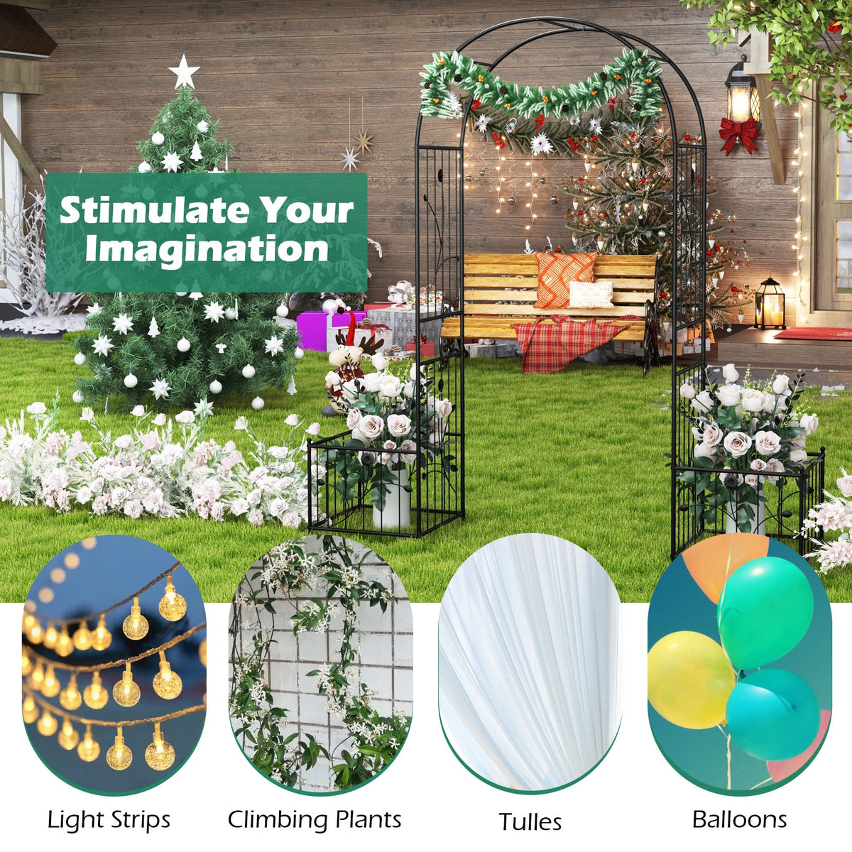 2 in 1 Garden Arbor with 2 Side Planters and 8 Ground Stakes-Black-Garden Arbors-DECOROLALA