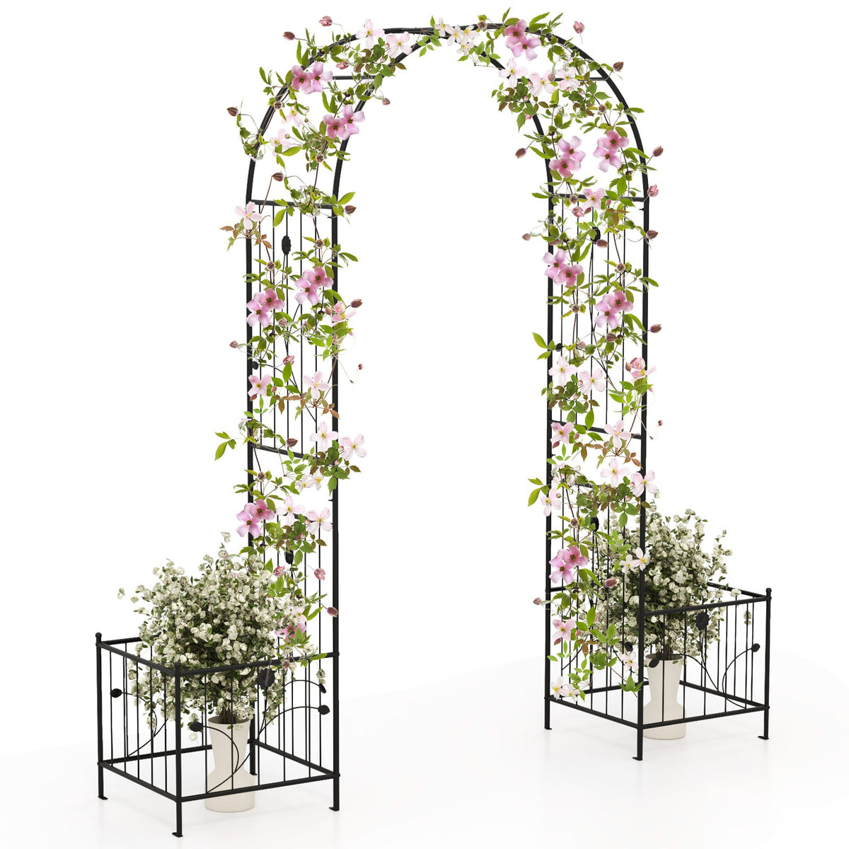 2 in 1 Garden Arbor with 2 Side Planters and 8 Ground Stakes-Black-Garden Arbors-DECOROLALA