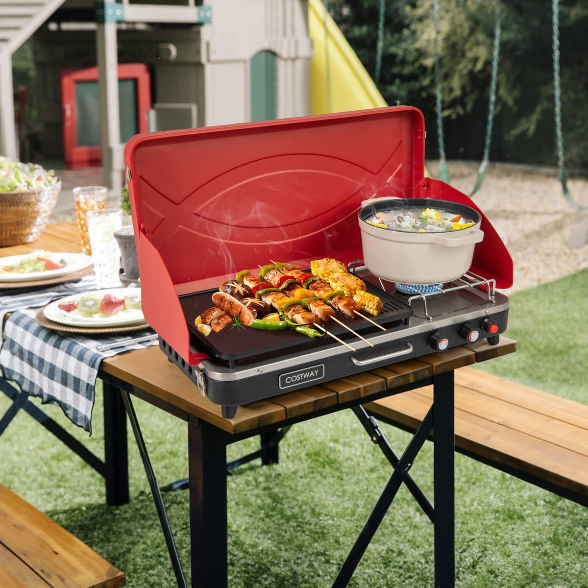 2-in-1 Gas Camping Grill and Stove with 4 Detachable Legs-Red-Outdoor Grills-DECOROLALA