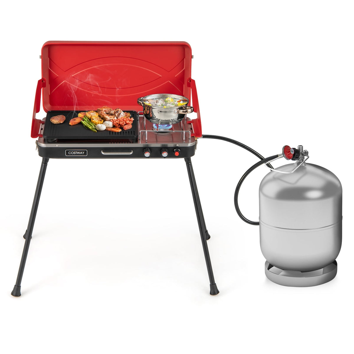 2-in-1 Gas Camping Grill and Stove with 4 Detachable Legs-Red-Outdoor Grills-DECOROLALA