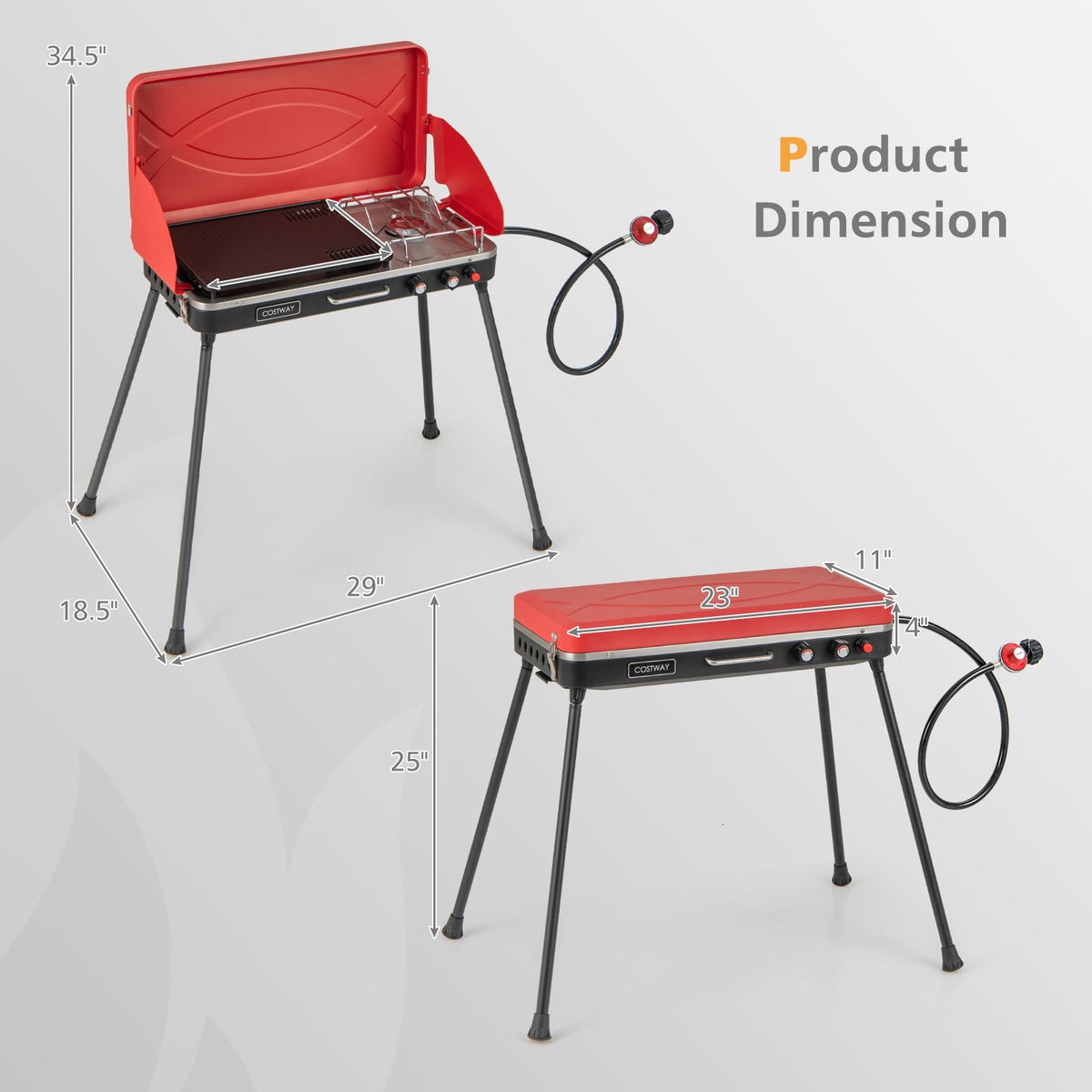 2-in-1 Gas Camping Grill and Stove with 4 Detachable Legs-Red-Outdoor Grills-DECOROLALA