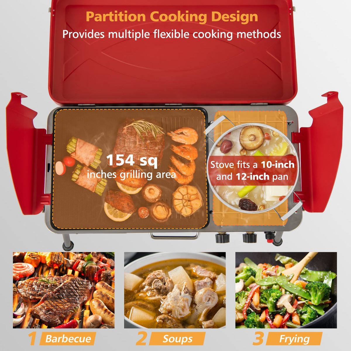 2-in-1 Gas Camping Grill and Stove with 4 Detachable Legs-Red-Outdoor Grills-DECOROLALA