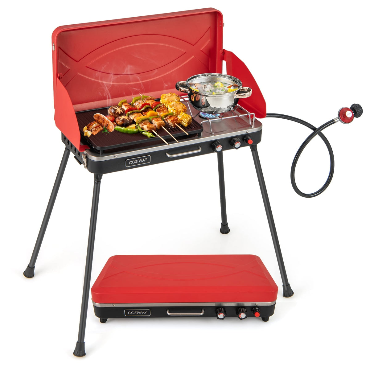 2-in-1 Gas Camping Grill and Stove with 4 Detachable Legs-Red-Outdoor Grills-DECOROLALA
