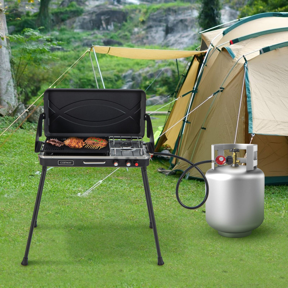 2-in-1 Gas Camping Grill and Stove with Detachable Legs-Black-Outdoor Grills-DECOROLALA