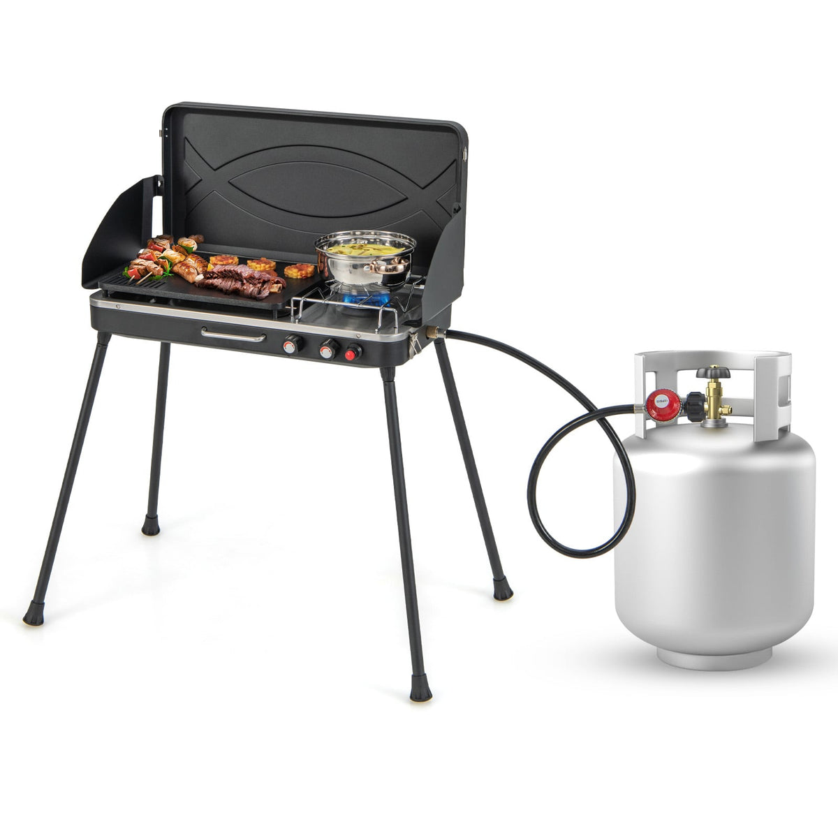 2-in-1 Gas Camping Grill and Stove with Detachable Legs-Black-Outdoor Grills-DECOROLALA