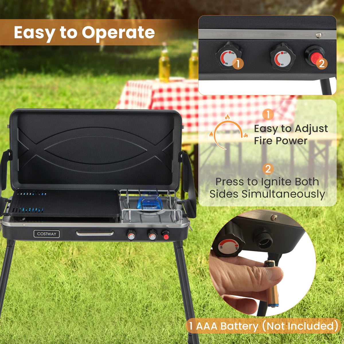 2-in-1 Gas Camping Grill and Stove with Detachable Legs-Black-Outdoor Grills-DECOROLALA
