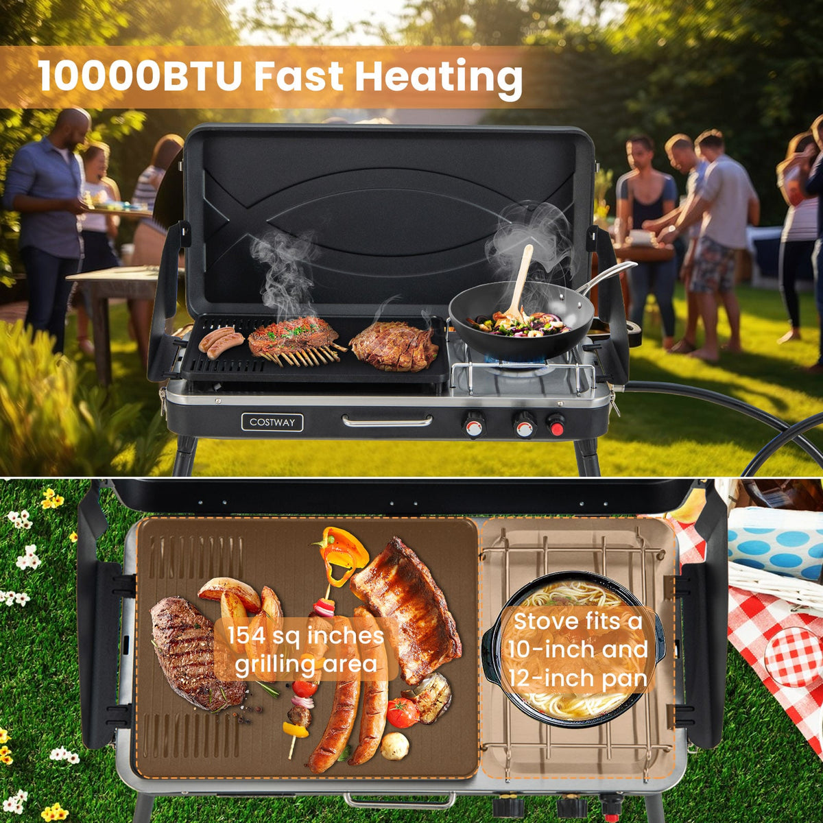 2-in-1 Gas Camping Grill and Stove with Detachable Legs-Black-Outdoor Grills-DECOROLALA