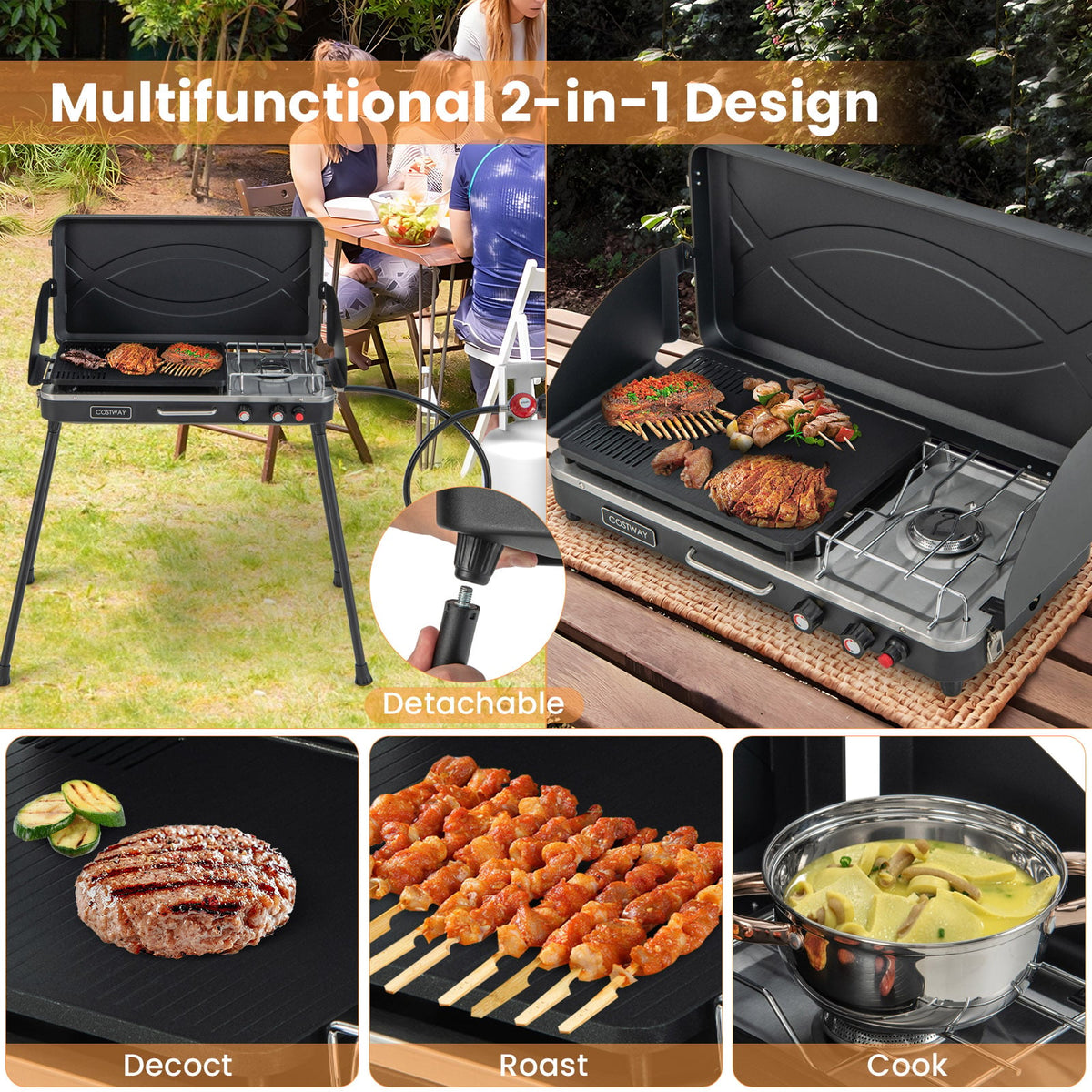 2-in-1 Gas Camping Grill and Stove with Detachable Legs-Black-Outdoor Grills-DECOROLALA