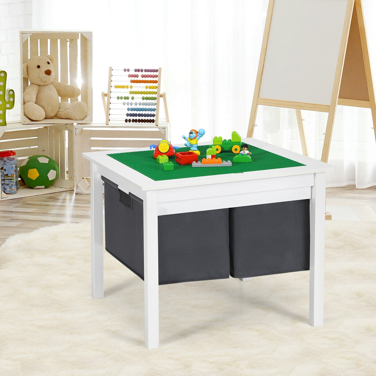2-in-1 Kids Double-sided Activity Building Block Table with Drawers-White-Kids Tables & Chair Sets-DECOROLALA