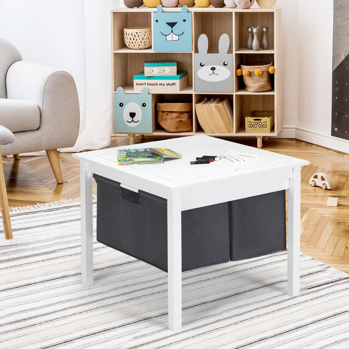 2-in-1 Kids Double-sided Activity Building Block Table with Drawers-White-Kids Tables & Chair Sets-DECOROLALA
