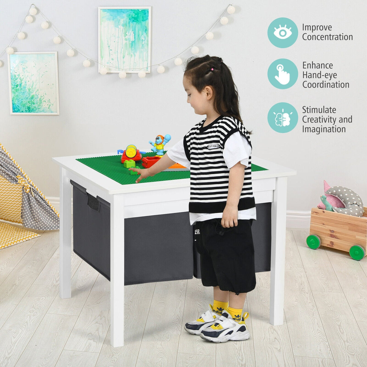 2-in-1 Kids Double-sided Activity Building Block Table with Drawers-White-Kids Tables & Chair Sets-DECOROLALA